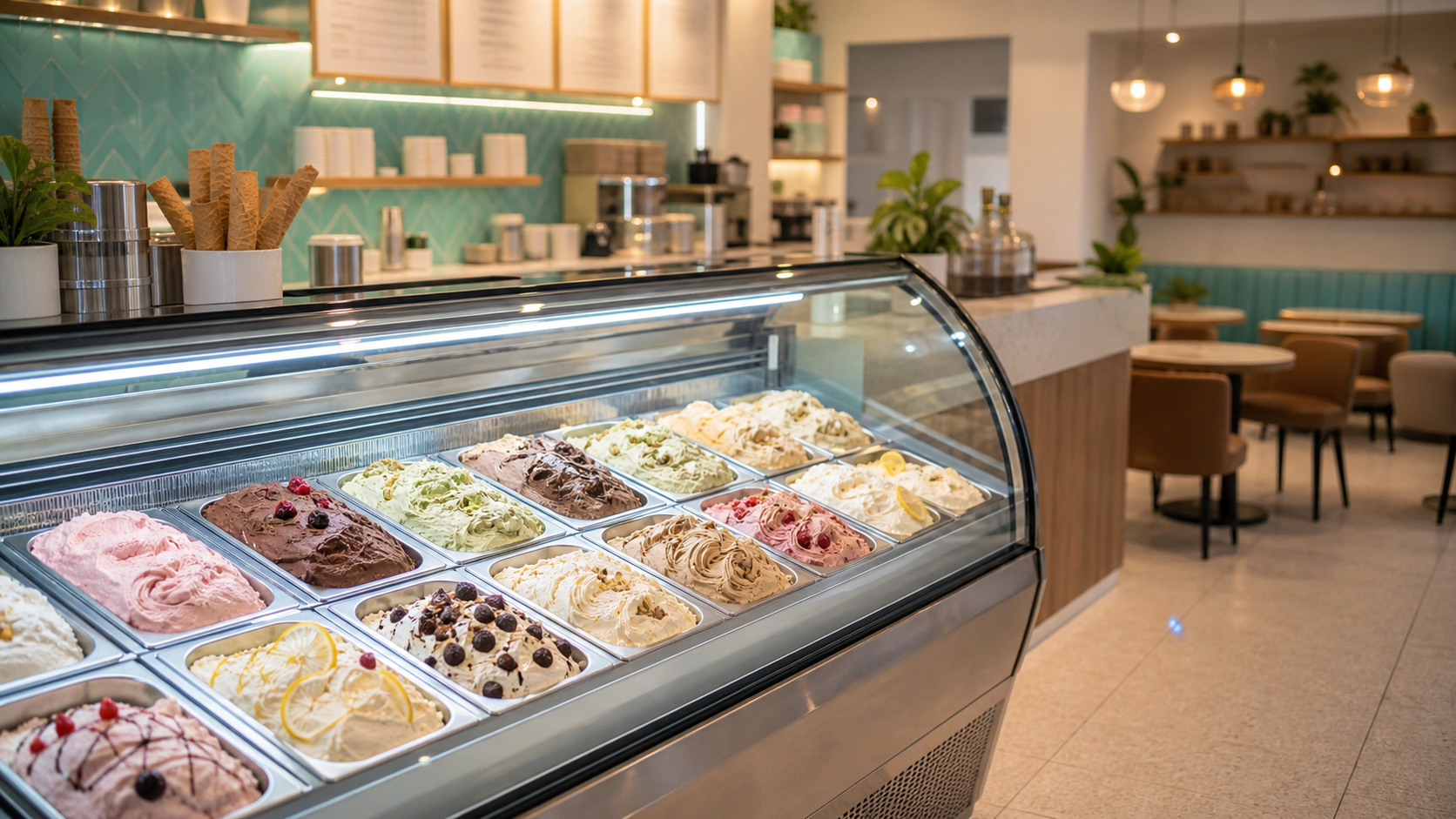 Tienda de helados con vitrina de gelato