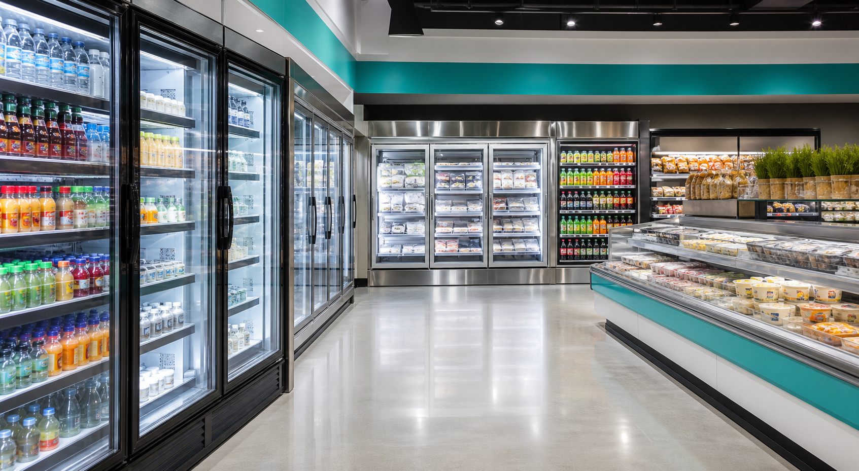 Proyecto comercial con refrigeradores de puerta de vidrio en supermercado moderno