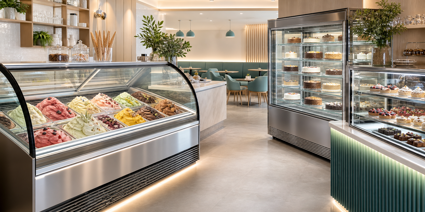 Heladería y pastelería con vitrinas refrigeradas y congeladores de gelato