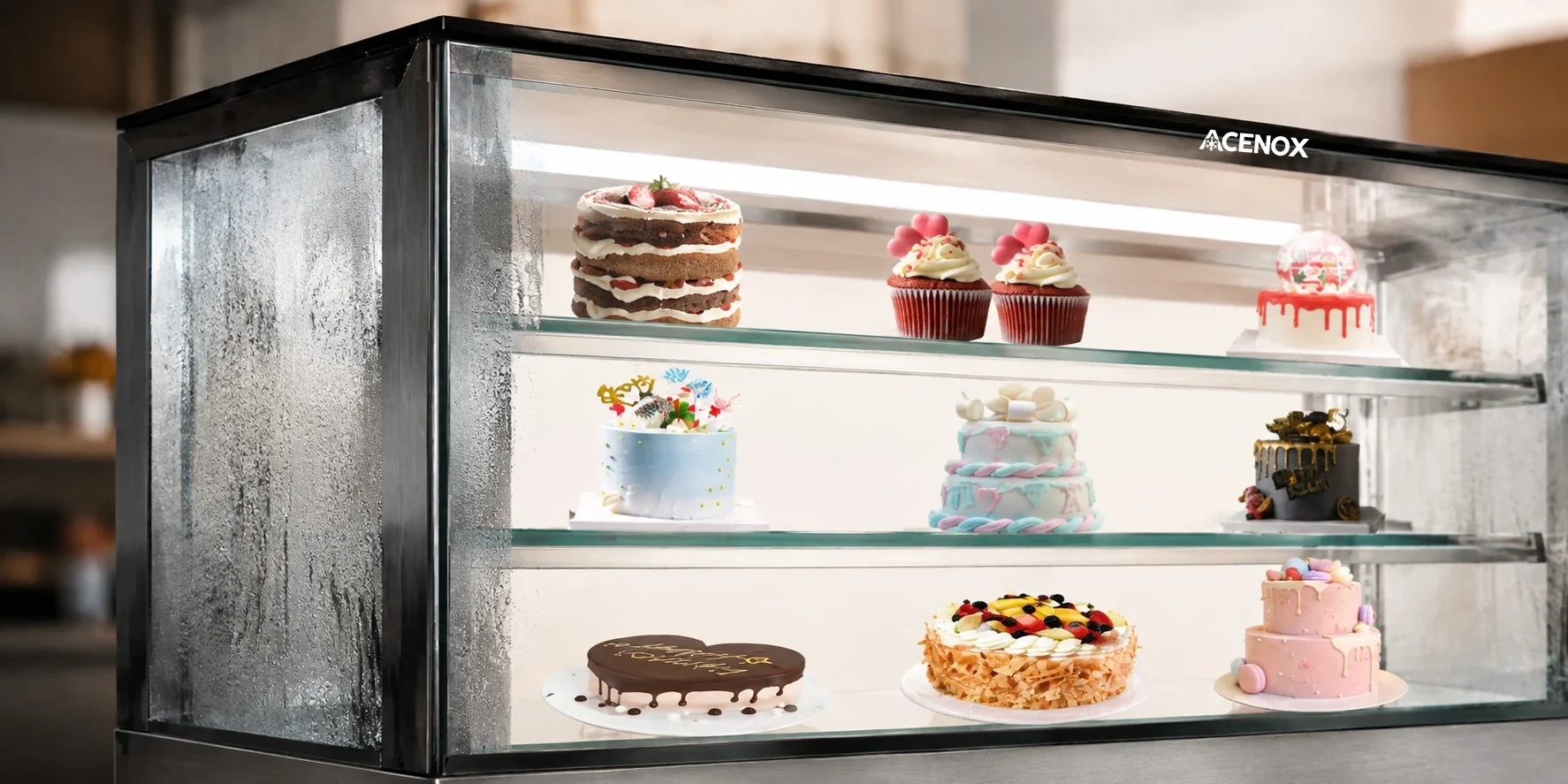 Vidrios calefactados antiempañantes de una vitrina refrigerada para pasteles