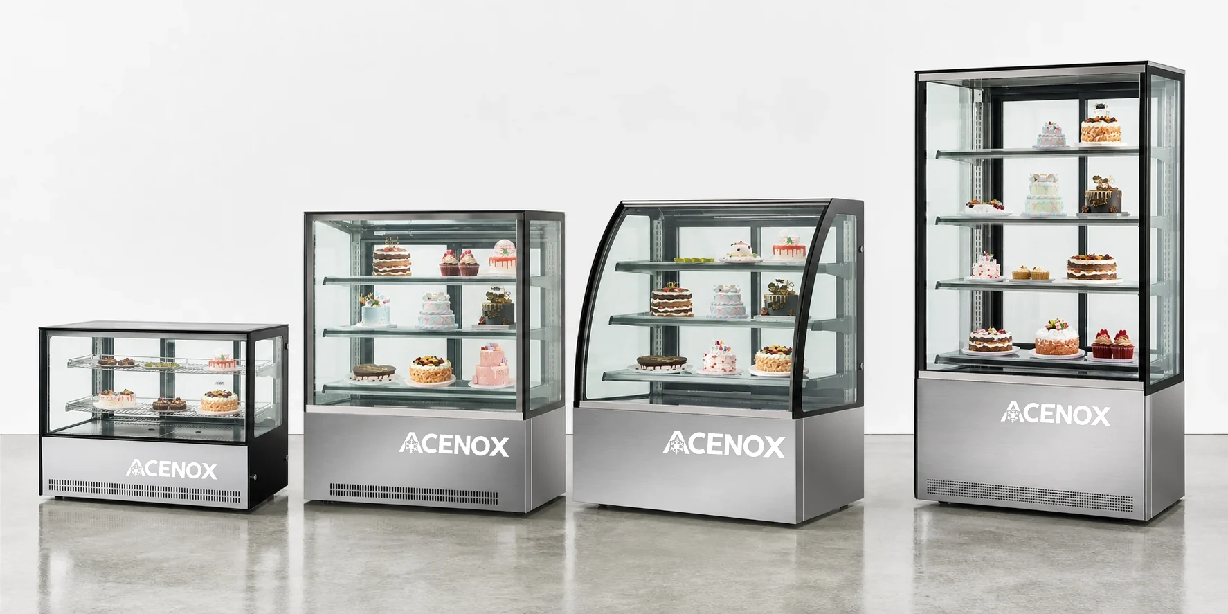 Vitrinas refrigeradas para pasteles en diferentes tamaños y configuraciones