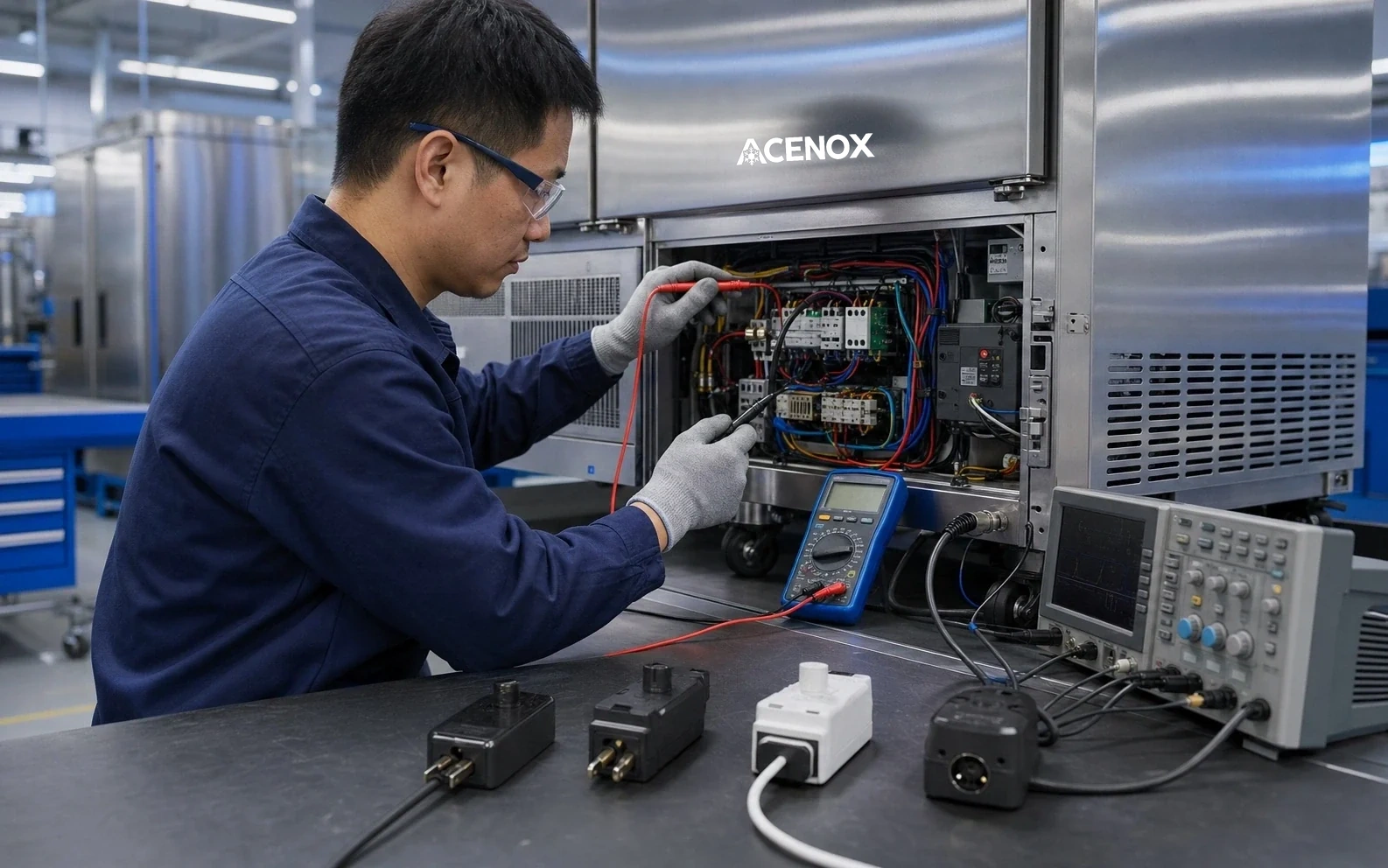 Técnico verificando la configuración eléctrica de un equipo frigorífico
